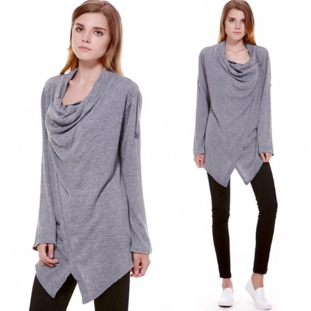 Cowl Neck Rolled Sleeve Wrap Cardigan Sweater Grey - Picture 2 of 6